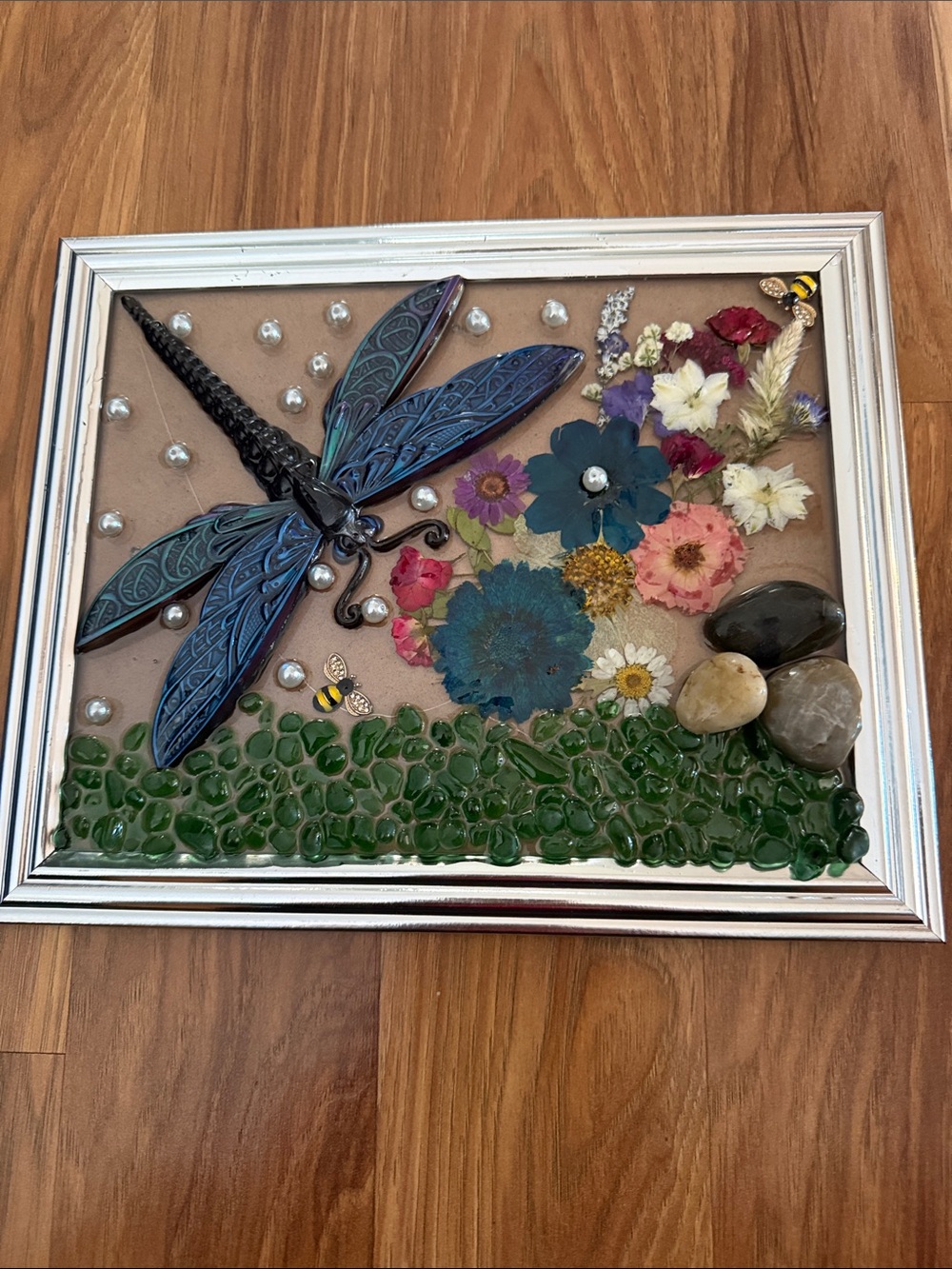 Blue Dragonfly Wall Art with Pressed Flowers by